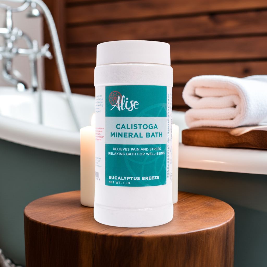 Calistoga mineral bath eucalyptus breeze 1 lb jar in relaxing claw foot tub scene